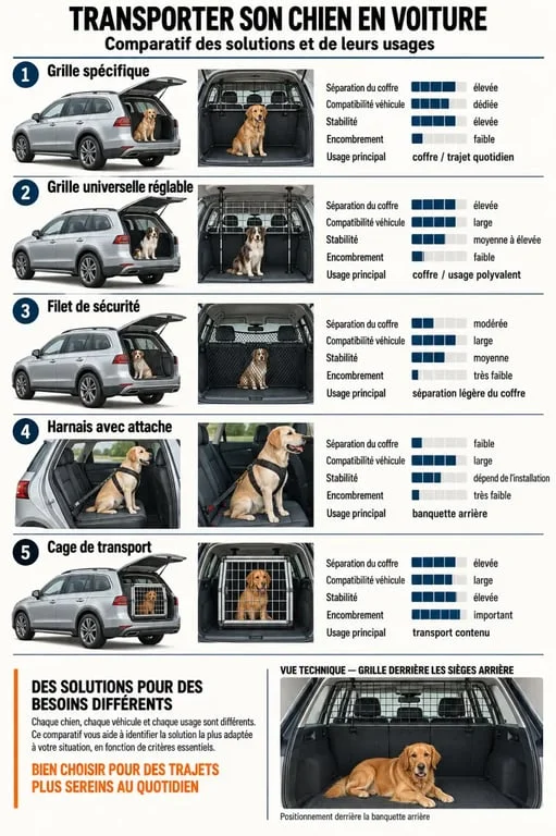 Infographie comparative d’une grille pour chien en voiture et des solutions de transport