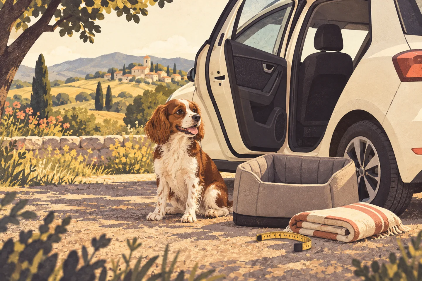 Illustration d’un chien près d’une voiture à l’arrêt, avec un panier et une couverture.