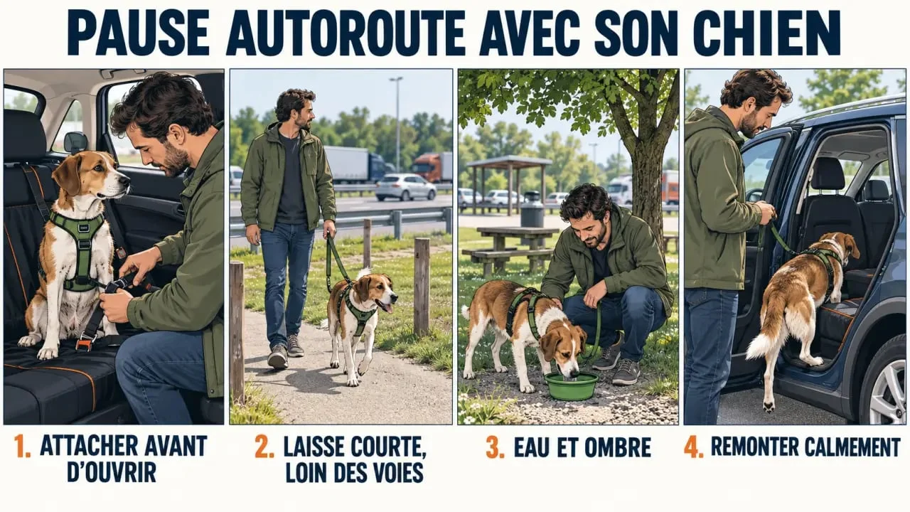 Pause autoroute avec son chien : étapes pour sortir, hydrater et promener son chien en sécurité